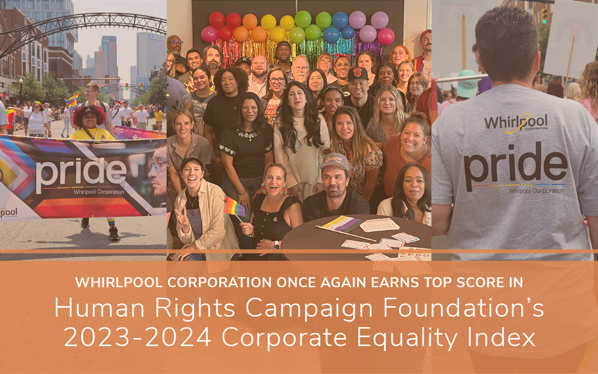 collage of images from Whirlpool employees at the Columbus, OH Pride Parade and group show of employees laughing while posing for a group picture at the Chicago WoW office Pride celebration.