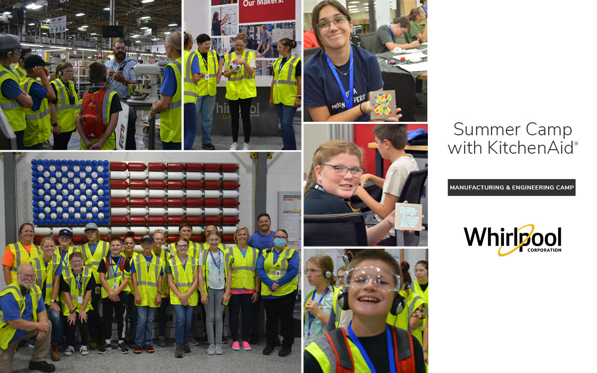 7 and 8 graders at Manufacturing & Engineering Camp with KitchenAid in Greenville Manufacturing facility