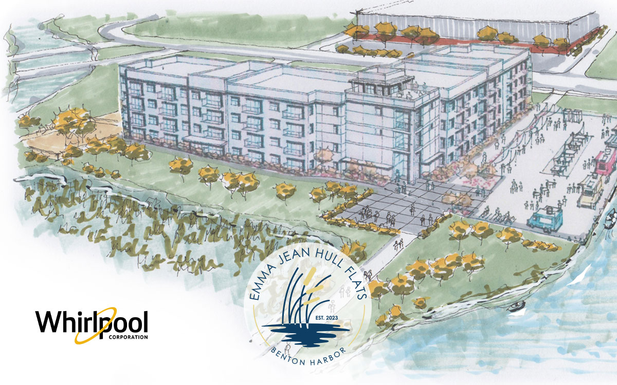 Architectural drawing of the new Emma Jean Hull Flats mult-housing project in Benton Harbor, built by Whirlpool Corporation