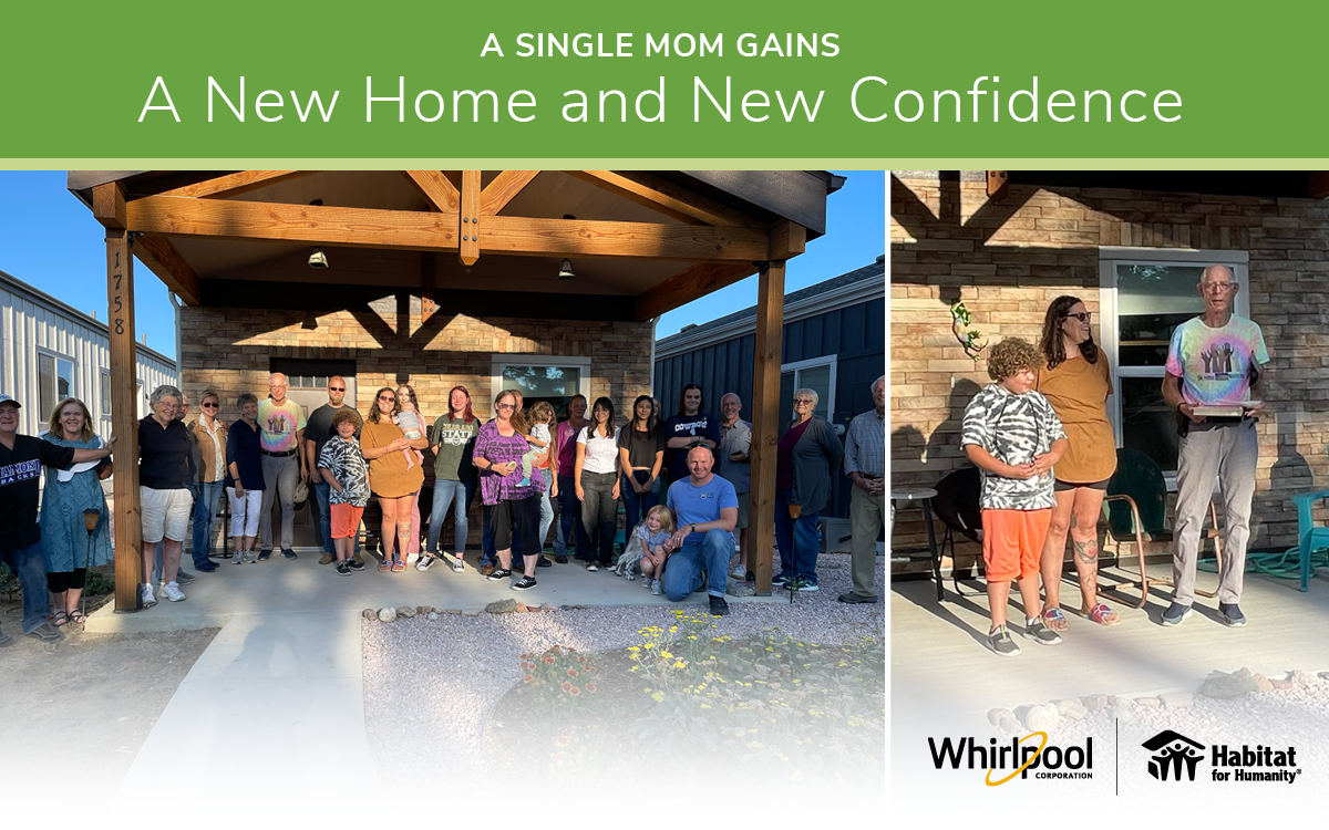 Jessica gathers in front of her new home surrounded by family and friends.