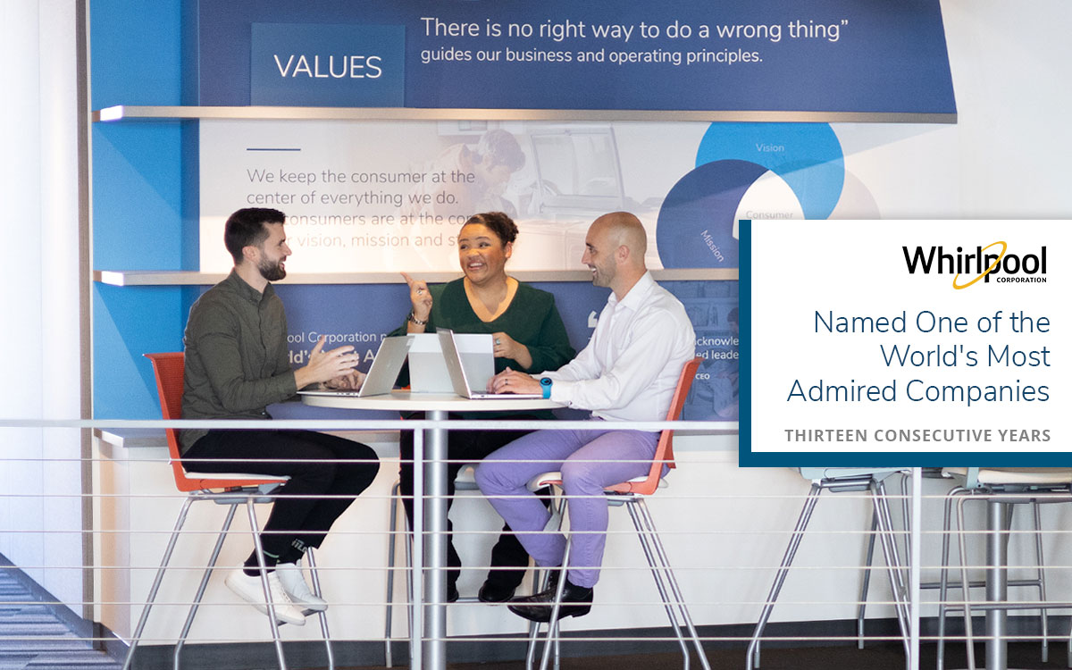 Three Whirlpool Corp employees sitting at hightop table at its Riverview campus, with a notation on the photo: Named One of the World's Most Admired Companies. Thirteen Consecutive Years.